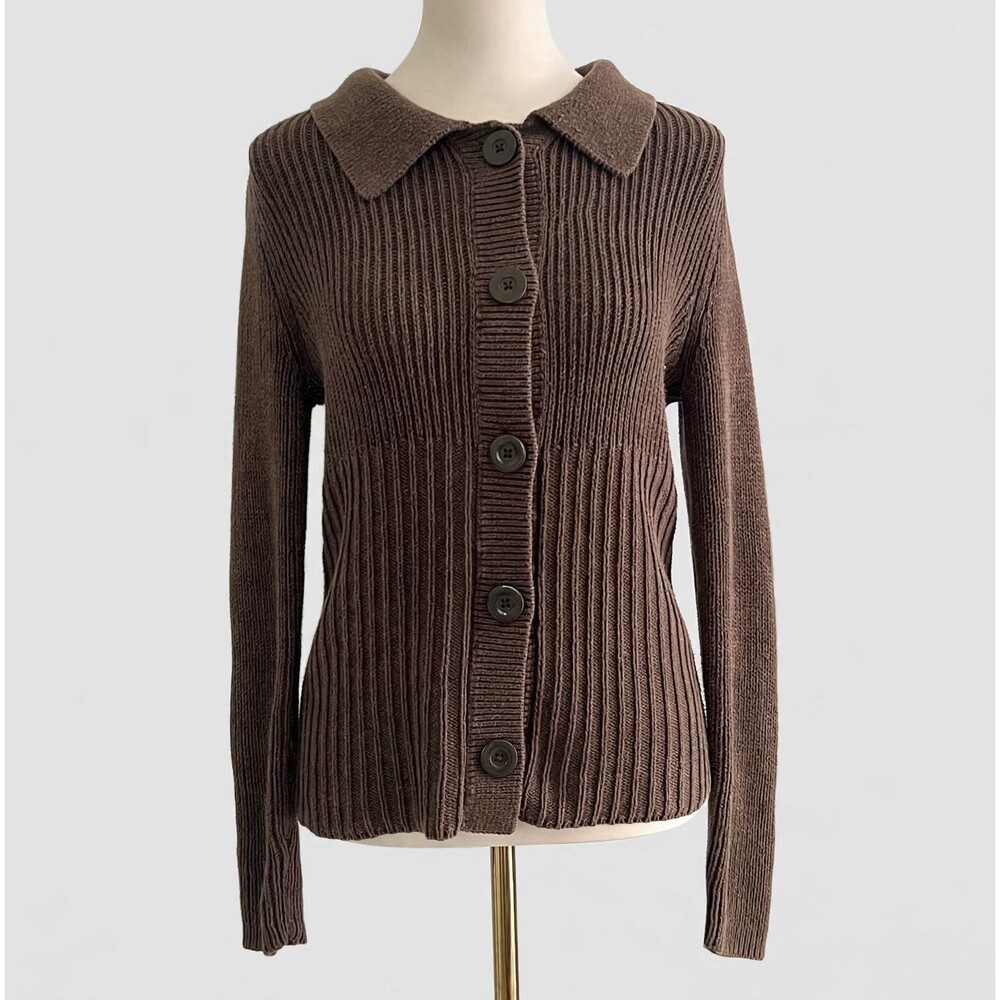 Ann Taylor Y2K Chocolate Brown Ribbed Cotton Chunky Collared Cardigan Womens S